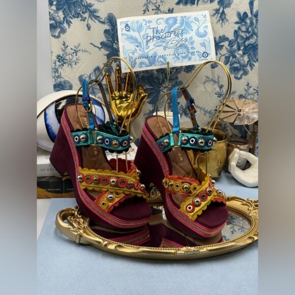 🆕 KURT GEIGER LONDON 🧿 NWOB Scalloped Stud X Wedge Heel Multicolor - Sz 37 US7 - Picture 2 of 12